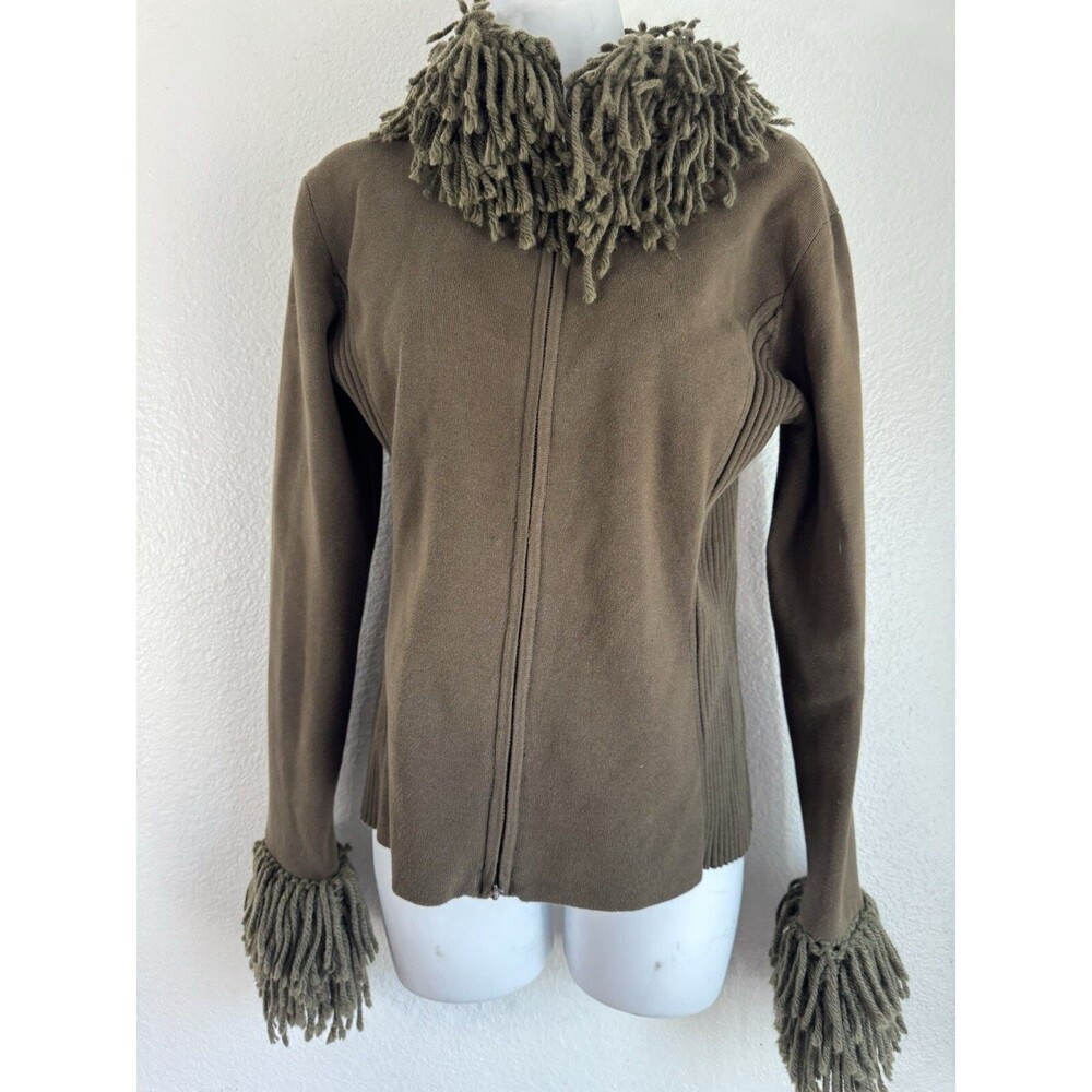 Tracy M Zip Up Jacket With Yarn Fringe Y2K Brown Large